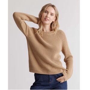Quince 100% Organic Cotton Fisherman Crew Pullover Chunky Knit Sweater Tan Large